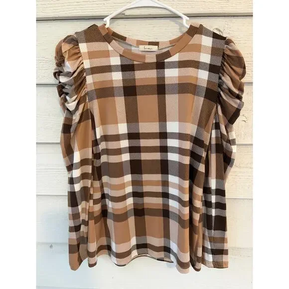 Les Amis Plaid Puff Sleeve Top Brown Beige Check Blouse Size Small - Picture 2 of 6